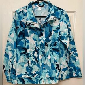 Christopher&Banks Blue White Abstract Jean Jacket Zip Snap Classy Fun Womens Med